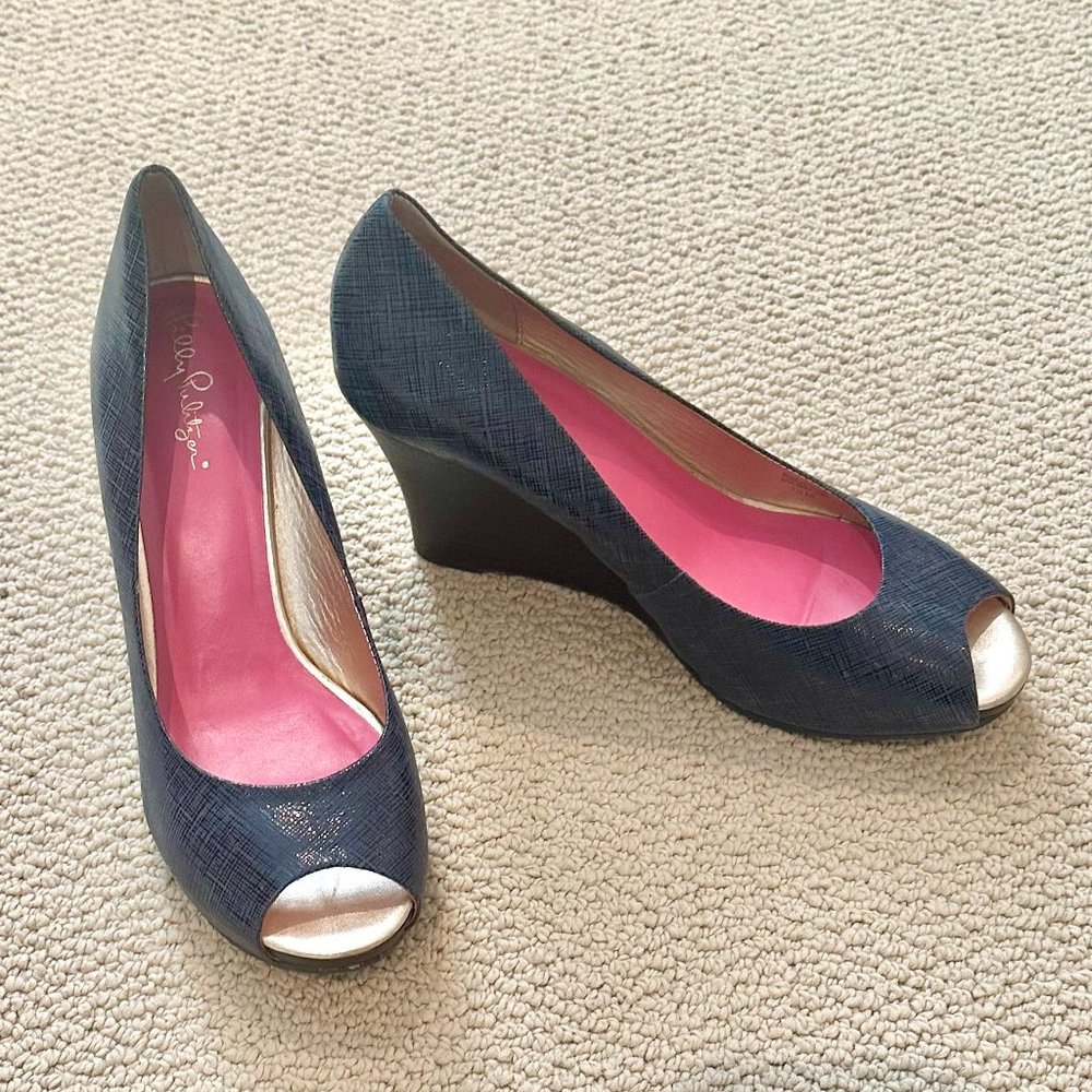 Lilly Pulitzer Stacked Platform Wedge - Navy Size 10